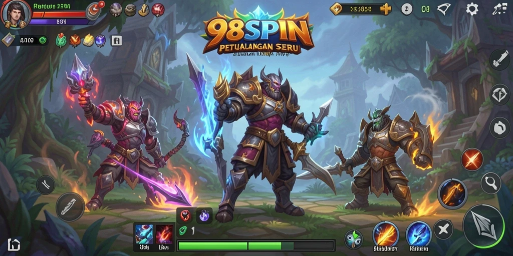 Tangkapan layar utama 98SPIN menampilkan aksi pertempuran seru dalam dunia ARPG.