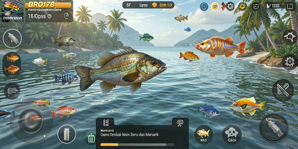 Tangkapan layar menunjukkan aksi menembak ikan yang seru.