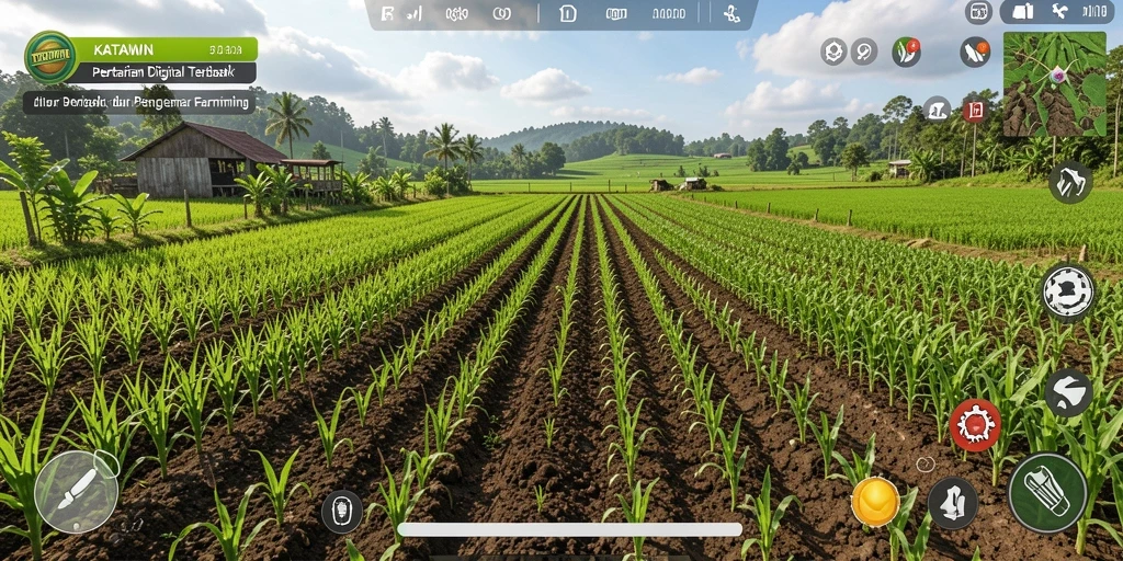 Tampilan gameplay KATAWIN dengan pertanian yang asri dan interaktif.