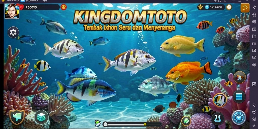 Tampilan gameplay KINGDOMTOTO saat menembak ikan di laut lepas.