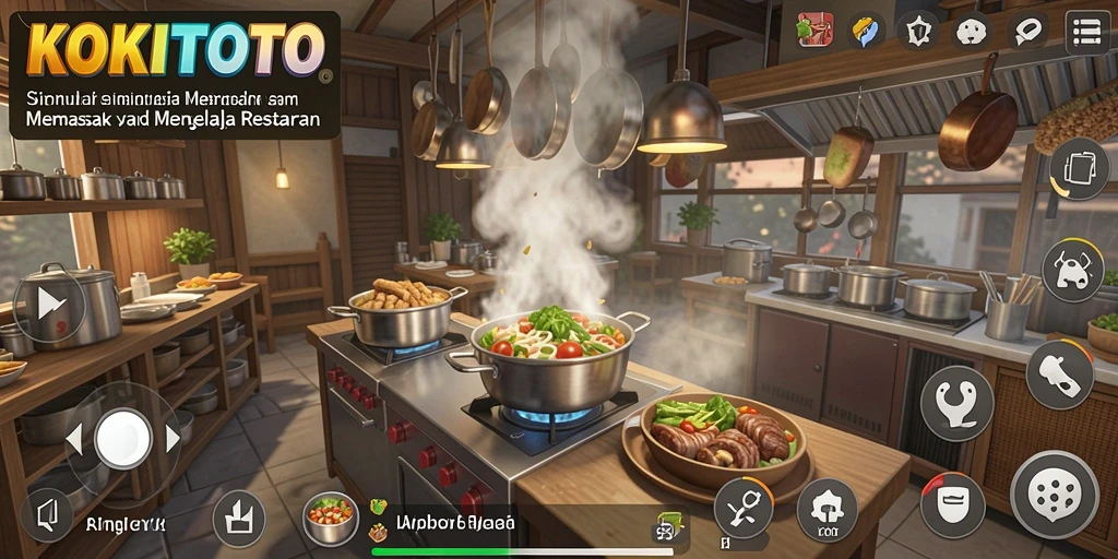 Screenshot gameplay KOKITOTO menunjukkan aktivitas memasak yang seru.