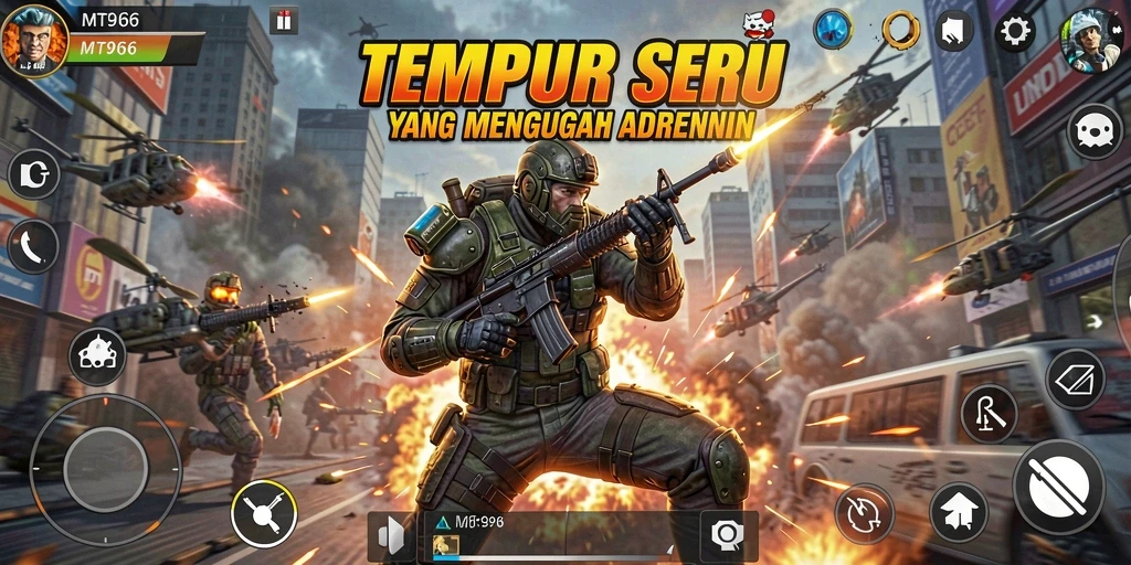 Screenshot utama MT966 menampilkan aksi pertarungan seru dalam gameplay TPS.