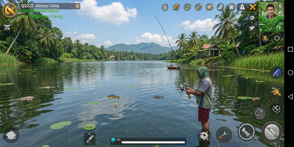 Screenshot gameplay QQ222 menunjukkan suasana memancing yang realistis.