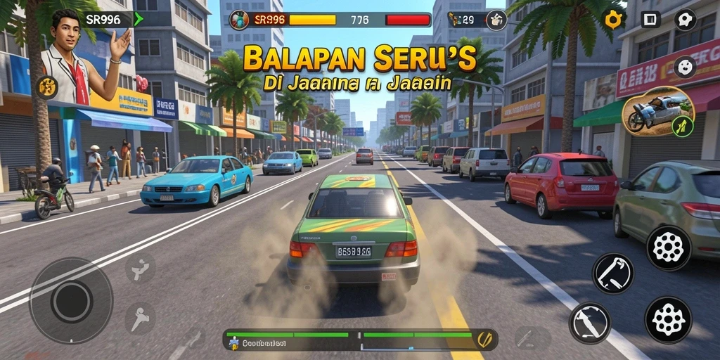Gameplay Racing menegangkan dengan mobil yang melaju kencang.